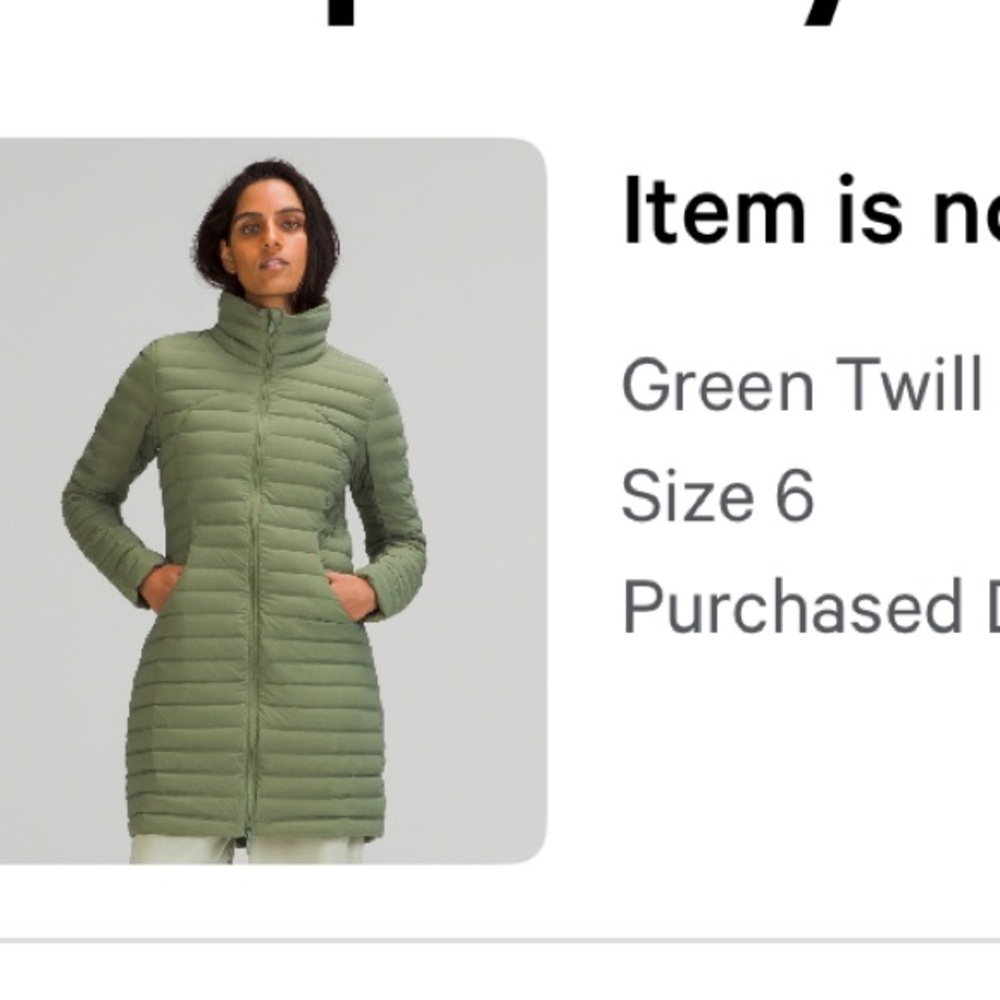 Lululemon Green Twill Pack it Down Long Jacket size 6